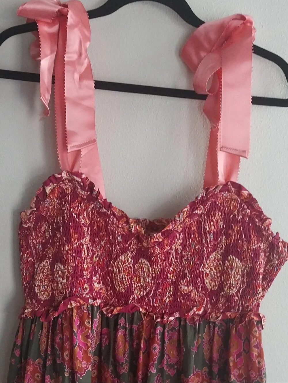 Free People Bluebell Magenta Floral Ribbon Tie Smocked Tiered Boho Maxi Dress